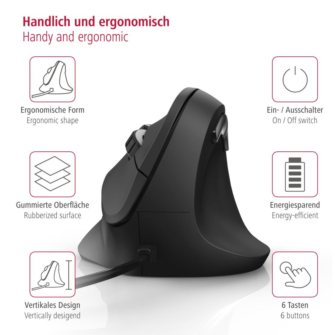 Vertikálna ergonomická drôtová myš Hama EMC-500,  6 tlačidiel,  čierna2 
