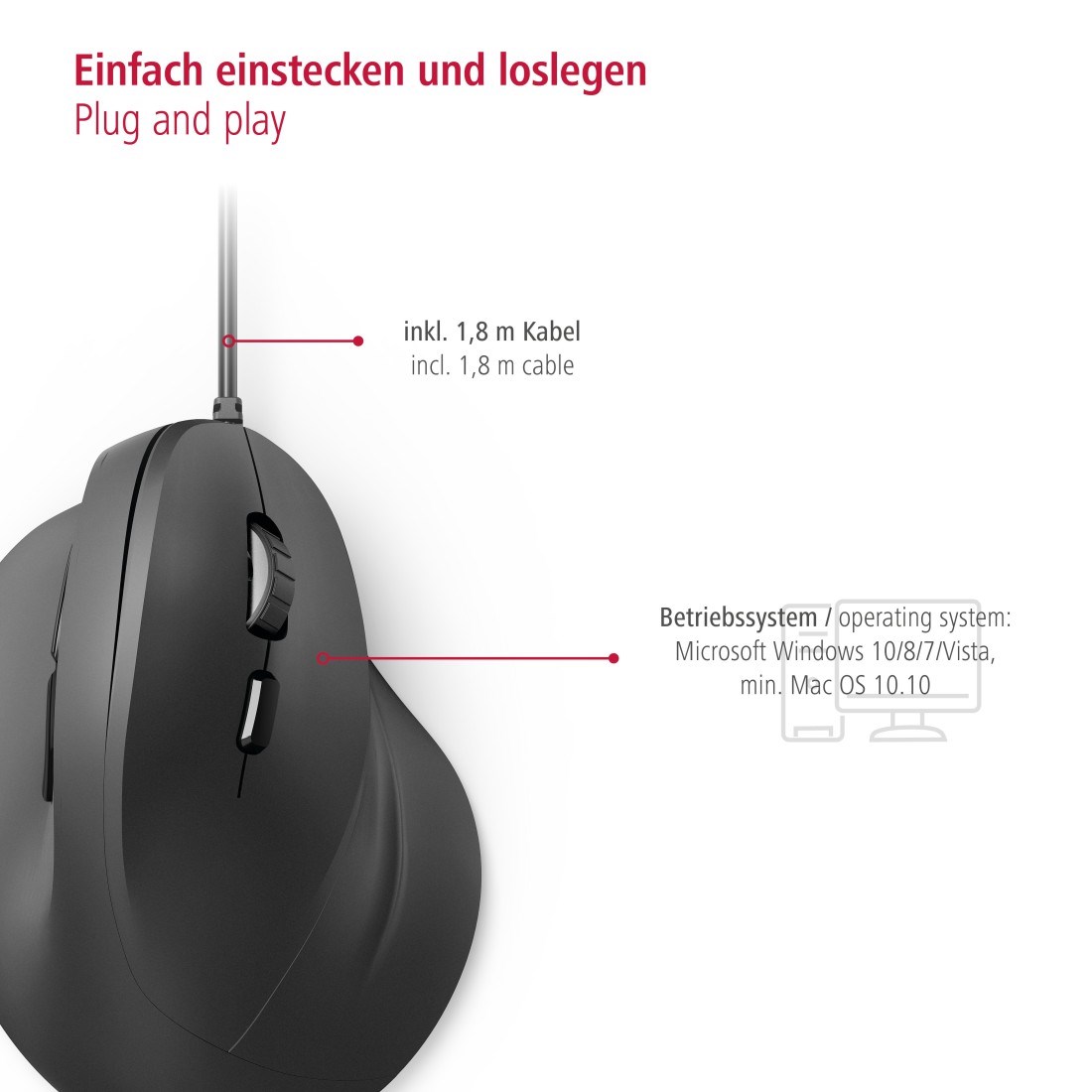 <p>Vertikálna ergonomická káblová myš Hama EMC-500, 6 tlačidiel, čierna</p>2 