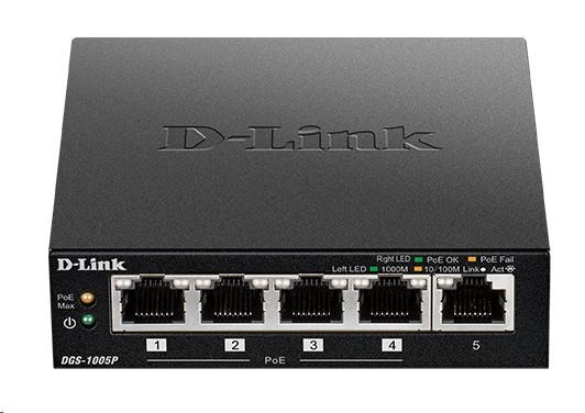 D-Link DGS-1005P 5-portový gigabitový stolový prepínač PoE+,  4 porty PoE+,  rozpočet PoE 60 W2 