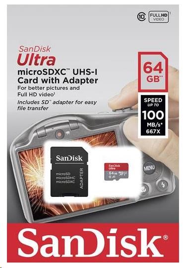 Karta SanDisk MicroSDXC 64 GB Ultra (100 MB/ s,  A1 Class 10 UHS-I,  Android - zobrazovacie balenie) + adaptér0 