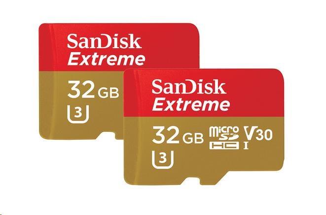 Karta SanDisk MicroSDHC 32 GB Extreme (100 MB/ s,  A1 C10 V30 UHS-I U3,  pre akčné kamery) + adaptér,  dvojbalenie0 