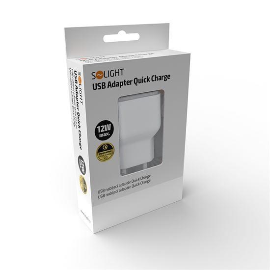Solight USB nabíjecí adaptér,  fast charge: 1x USB Qualcomm,  5V2A/ 9V1.5A/ 12V1A,  AC 230V,  bílošedý3 