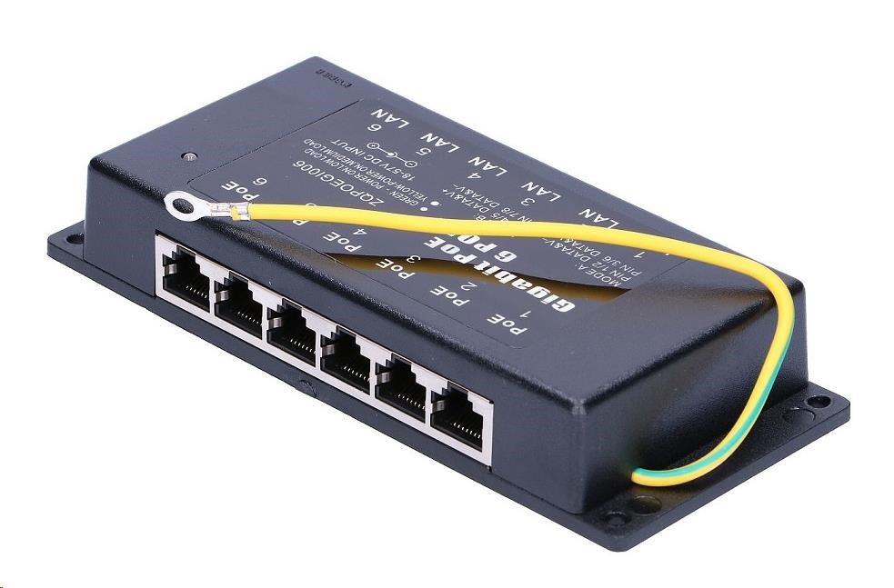POE injektor aktivní/ pasivní - 6x 1 Gb/ s,  stíněný,  802.3af/ at1 