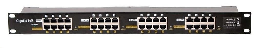 POE injektor aktivní/pasivní - 16x 1 Gb/s, stíněný panel, 802.3af/at0 