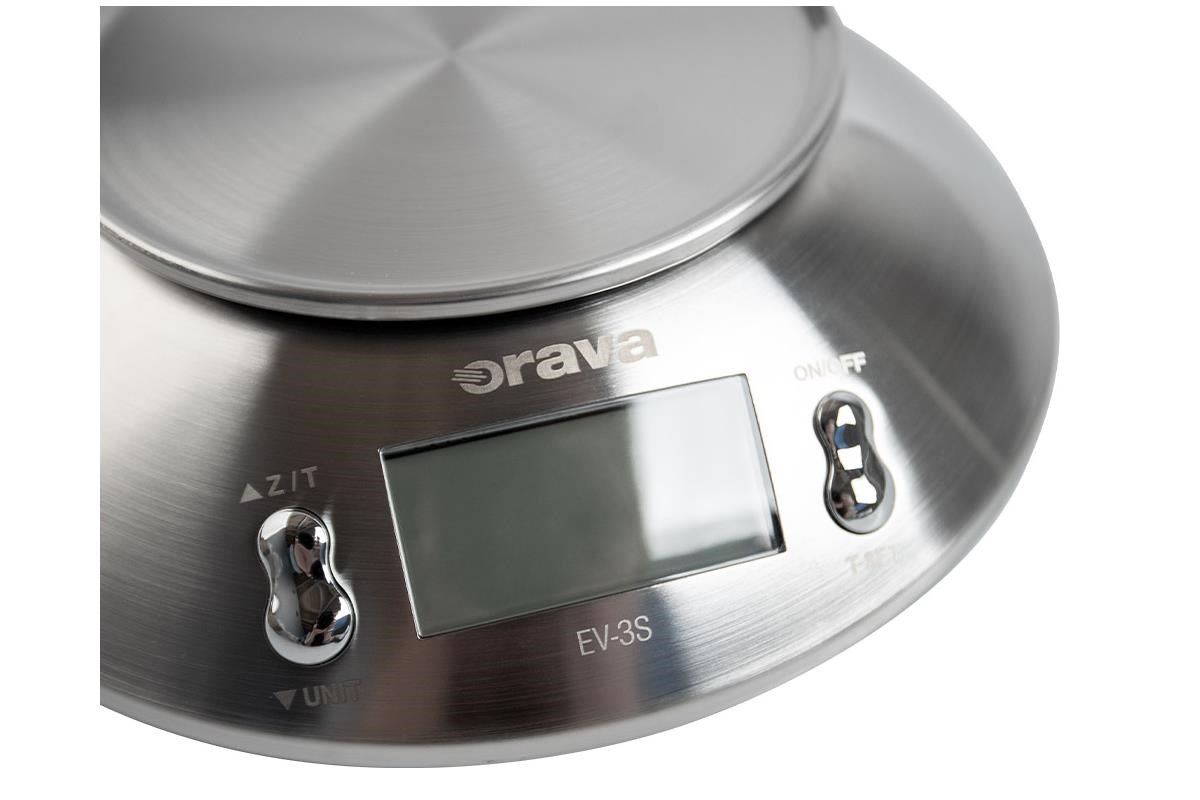 ORAVA EV-3 S digitální kuchyňská váha,  LCD displej,  přesnost 1 g,  funkce TARE,  nerez,  časovač3 