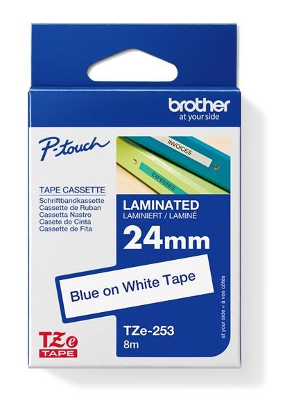 BROTHER TZE253 - TZ kazeta široká 24 mm, laminovaná TZE-253, biela/modrá farba písma0 