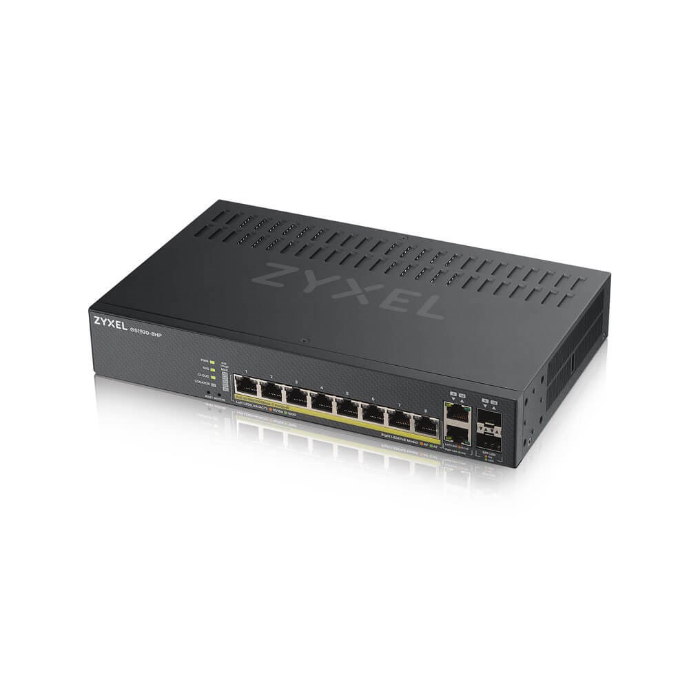 Zyxel GS1920-8HPV2 10-portový inteligentný riadený PoE prepínač,  8x gigabitový RJ45,  2x gigabitový RJ45/ SFP,  130 W pre 0 