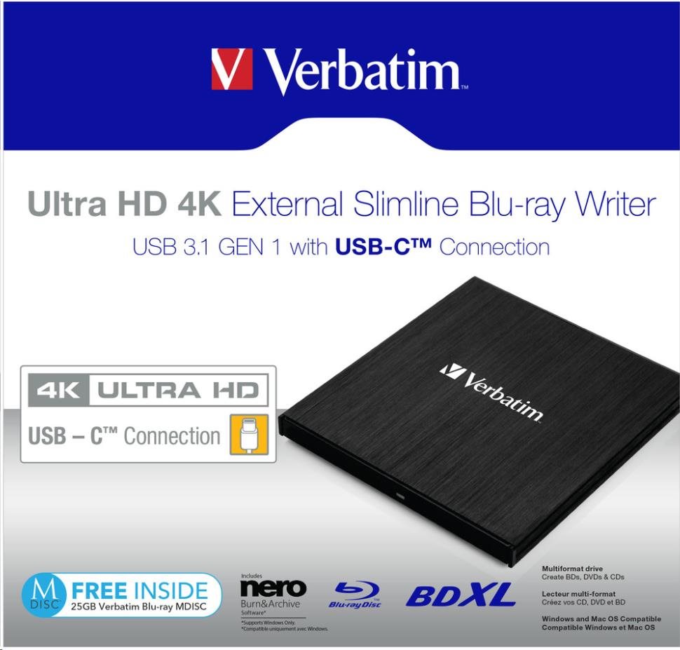 VERBATIM Ultra HD 4K Blu-ray externá slimline napaľovačka (USB 3.1,  USB-C) + bezplatné 25GB médium5 