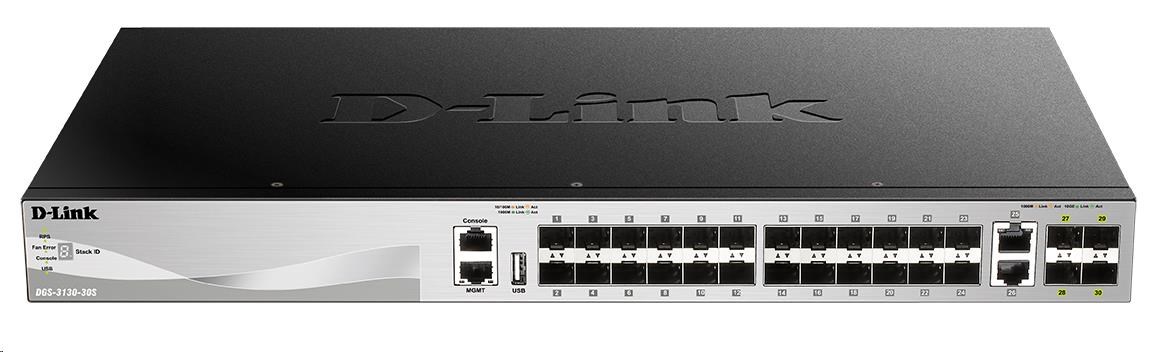 D-Link DGS-3130-30S/ SI L3 Stohovateľný spravovaný gigabitový prepínač,  24x SFP,  2x 10GBASE-T,  4x SFP+0 