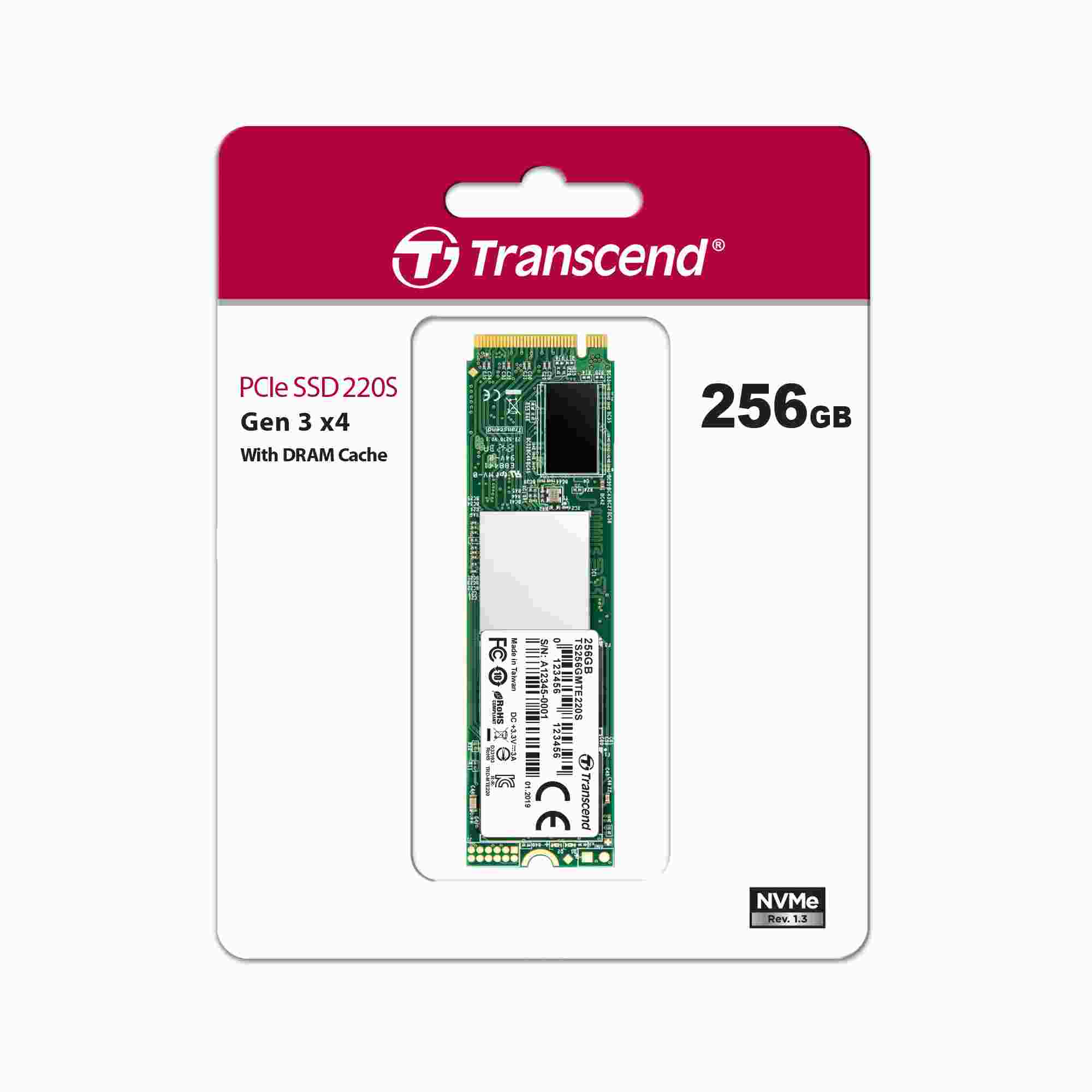 TRANSCEND SSD 220S 256GB,  M.2 2280,  PCIe Gen3x4,  NVMe,  M-Key,  3D TLC,  s Dram1 