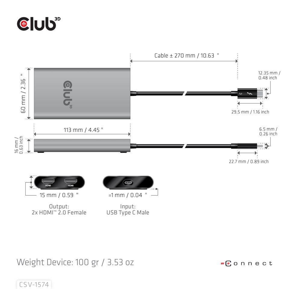 Club3D Adaptér Thunderbolt 3 na 2x HDMI 2.0 4K60Hz UHD3 