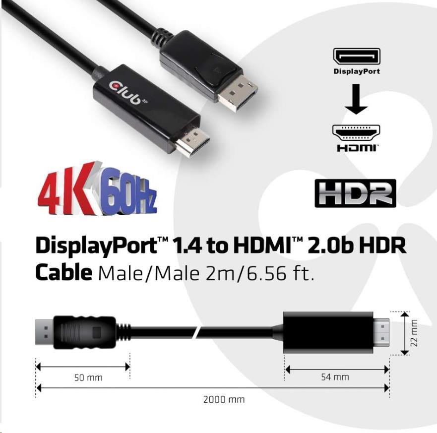 Club3D Adaptér aktivní DisplayPort 1.4 na HDMI 2.0b HDR (M/M), 2m5 