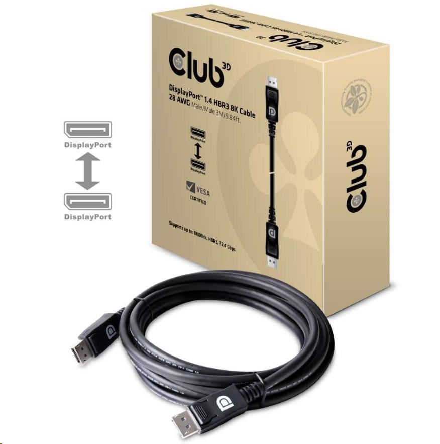 Club3D Kabel certifikovaný DisplayPort 1.4,  HBR3,  8K60Hz (M/ M),  3m,  28 AWG0 