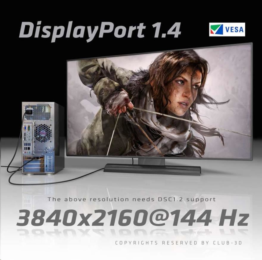 Club3D Kabel certifikovaný DisplayPort 1.4,  HBR3,  8K60Hz (M/ M),  3m,  28 AWG8 