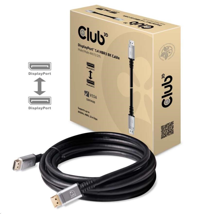 Club3D Kabel certifikovaný DisplayPort 1.4,  HBR3,  8K60Hz (M/ M),  stříbrné koncovky,  4m,  24 AWG6 