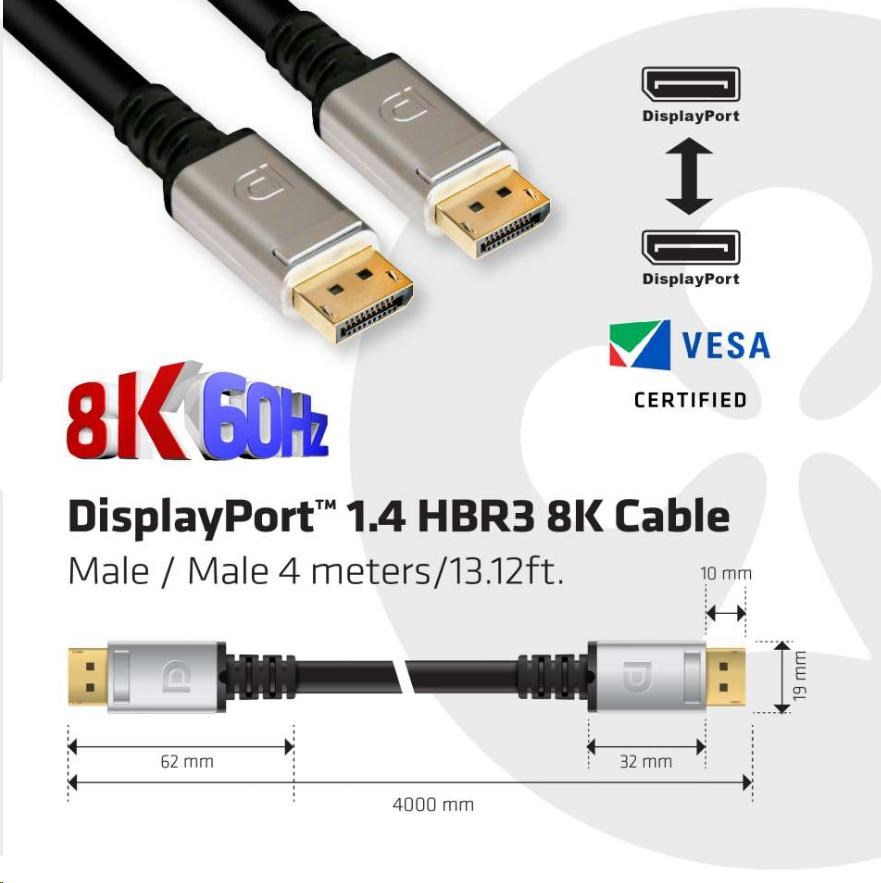 Club3D Kabel certifikovaný DisplayPort 1.4,  HBR3,  8K60Hz (M/ M),  stříbrné koncovky,  4m,  24 AWG0 