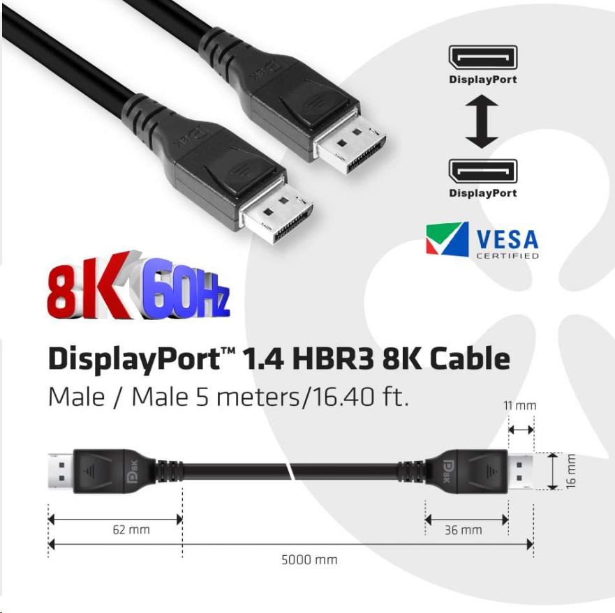 Club3D Kabel certifikovaný DisplayPort 1.4,  HBR3,  8K60Hz (M/ M),  5m,  28 AWG4 