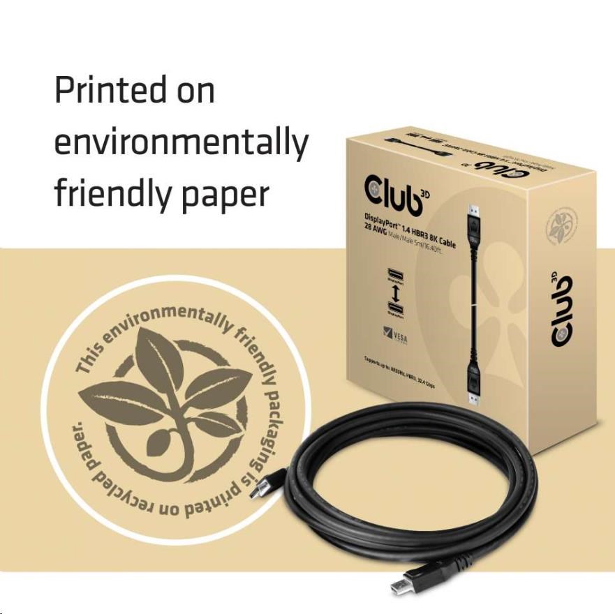 Club3D Kabel certifikovaný DisplayPort 1.4,  HBR3,  8K60Hz (M/ M),  5m,  28 AWG8 