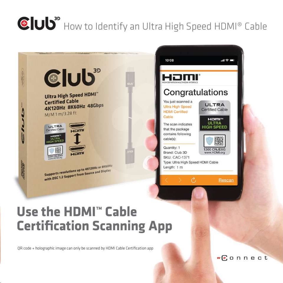 Club3D Kabel Ultra Rychlý HDMI™ Certifikovaný 4K 8K60Hz 48Gbps (M/ M),  1m,  30 AWG9 