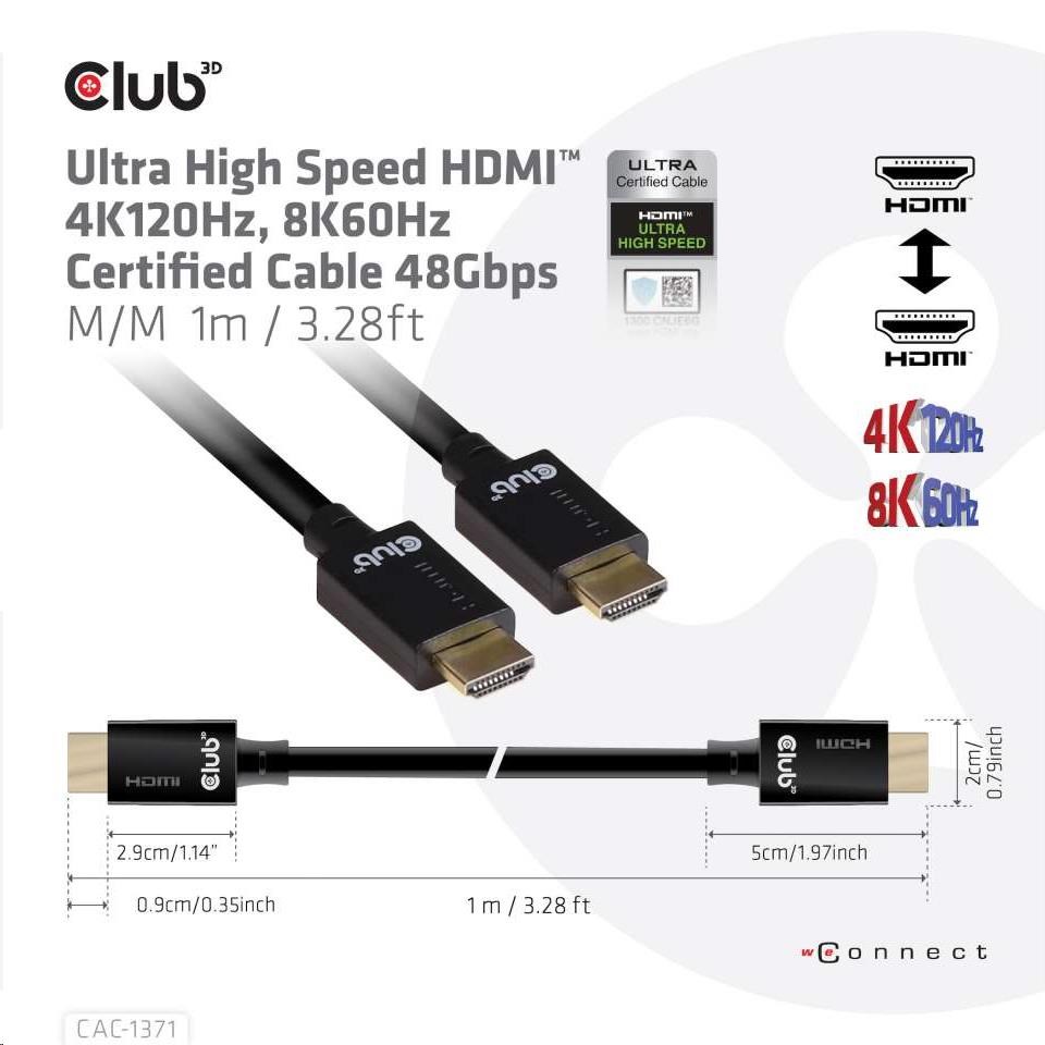 Club3D Kabel Ultra Rychlý HDMI™ Certifikovaný 4K 8K60Hz 48Gbps (M/ M),  1m,  30 AWG2 