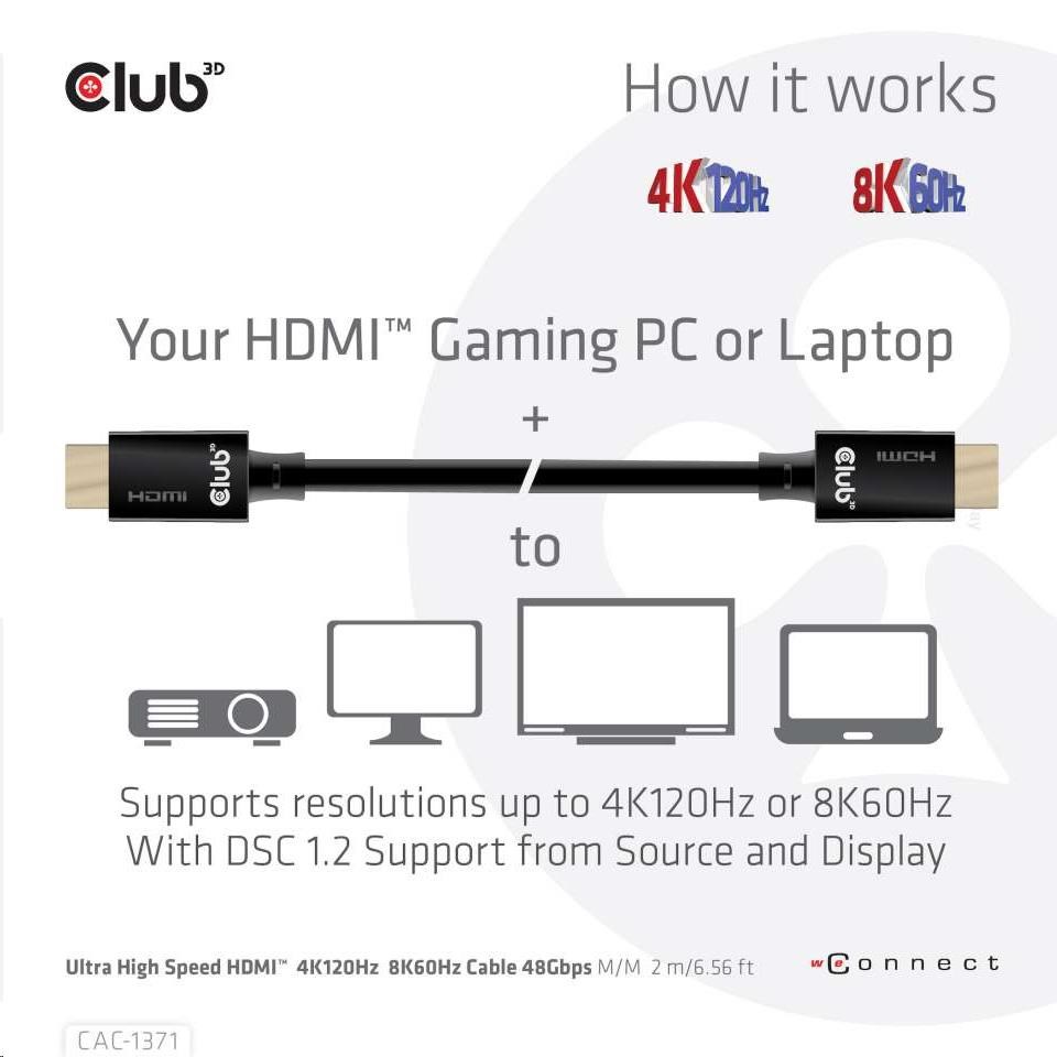 Club3D Kabel Ultra Rychlý HDMI™ Certifikovaný 4K 8K60Hz 48Gbps (M/ M),  1m,  30 AWG3 