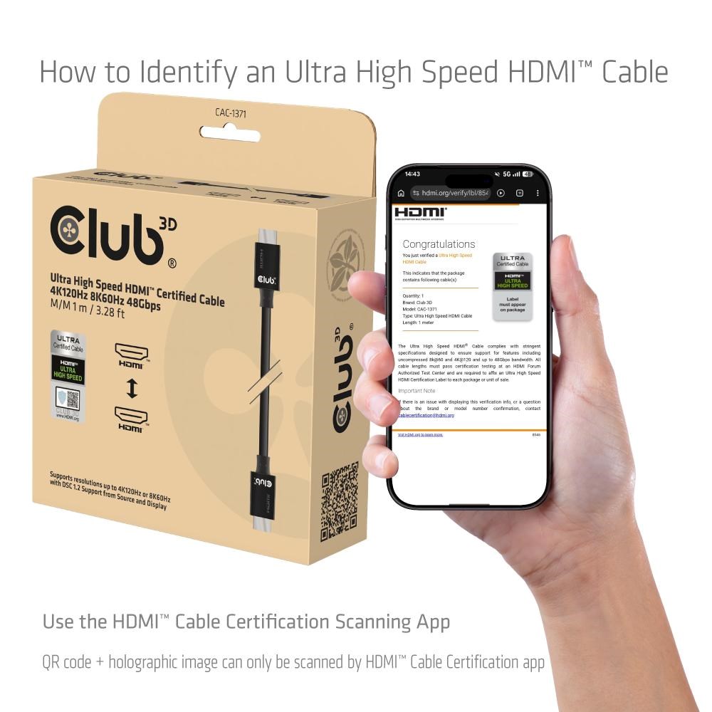 Club3D Kabel Ultra Rychlý HDMI™ Certifikovaný 4K 8K60Hz 48Gbps (M/ M),  1m,  30 AWG5 