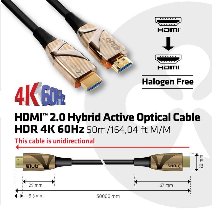 Aktívny hybridný optický HDMI kábel Club3D 2.0 UHD HDR 4K60Hz,  (M/ M),  50 m5 
