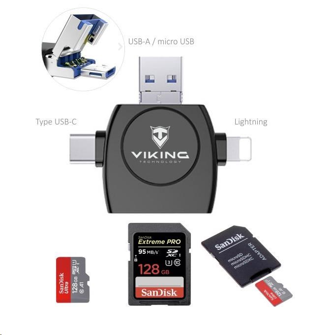 Čítačka pamäťových kariet Viking OTG SD a Micro SD 4v1 s konektorom APPLE Lightning /  Micro USB /  USB 3.0 /  USB-C,  čier1 