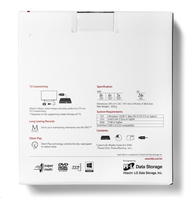 HITACHI LG - externá mechanika DVD-W/ CD-RW/ DVD±R/ ±RW/ RAM GP57ES40,  Slim,  Silver,  box+SW6 