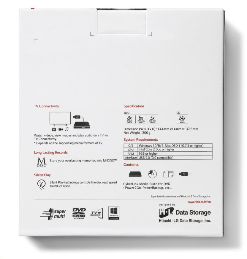 HITACHI LG - externá mechanika DVD-W/ CD-RW/ DVD±R/ ±RW/ RAM GP60NW60,  Slim,  biela,  krabica+SW6 