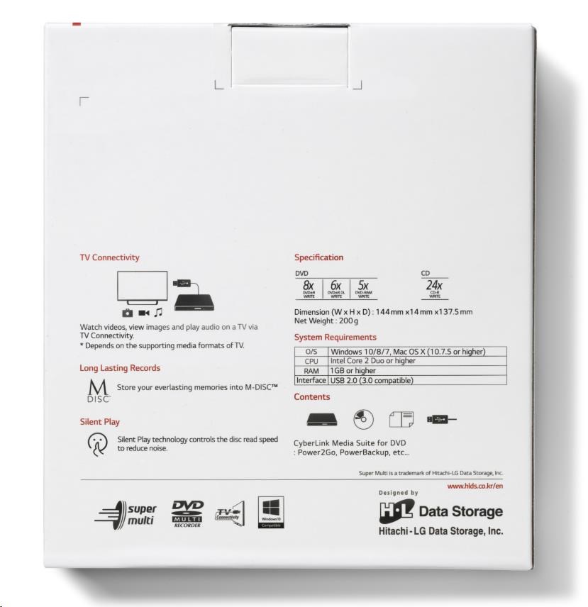 HITACHI LG - externá mechanika DVD-W/ CD-RW/ DVD±R/ ±RW/ RAM GP60NS60,  Slim,  Silver,  box+SW4 