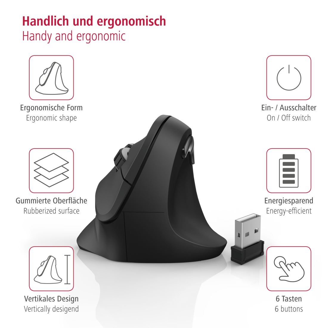 Vertikálna ergonomická bezdrôtová myš Hama EMW-500,  6 tlačidiel,  čierna7 