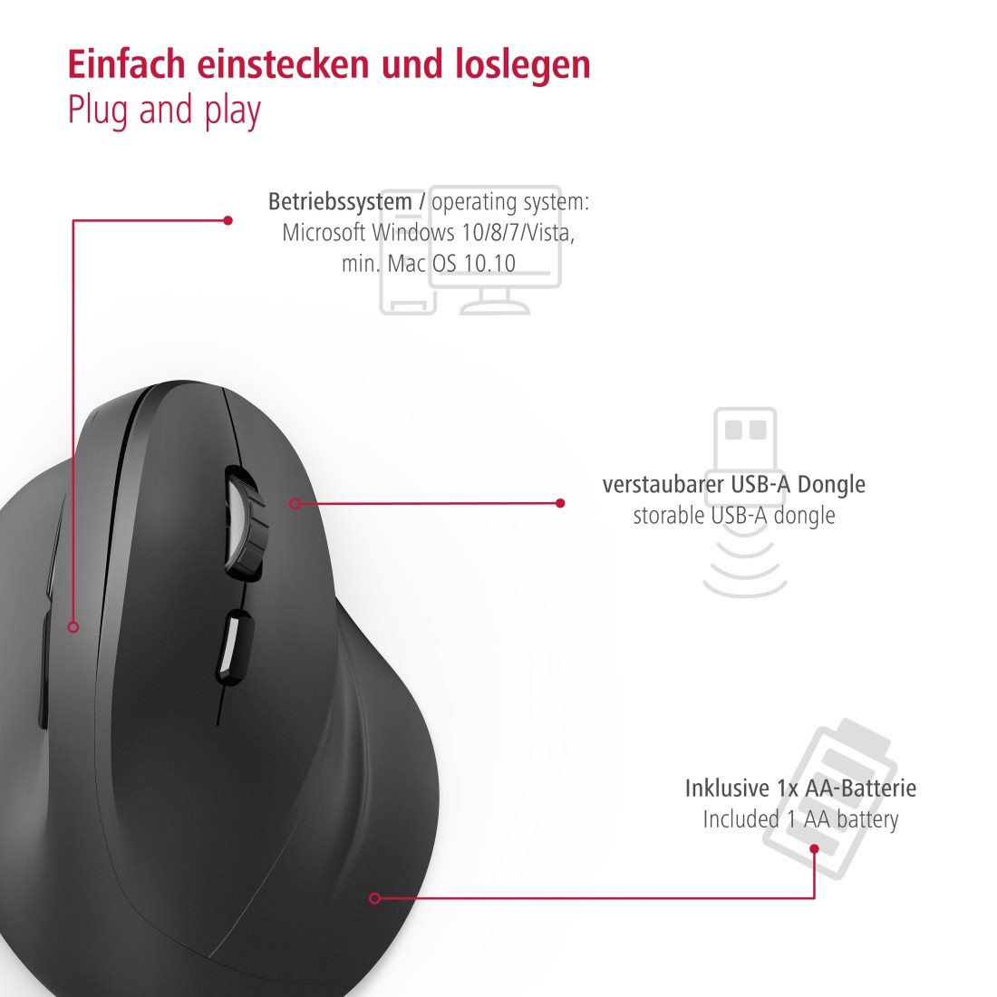 Vertikálna ergonomická bezdrôtová myš Hama EMW-500,  6 tlačidiel,  čierna8 
