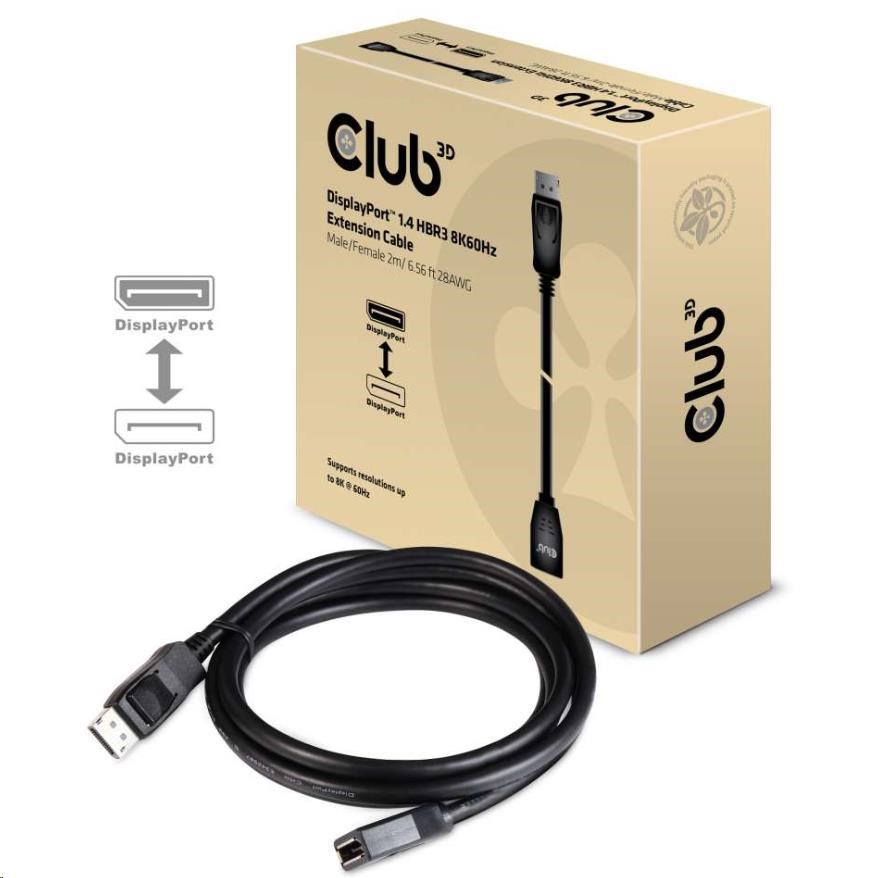 Club3D Kabel prodlužovací DisplayPort 1.4 HBR3 8K60Hz (M/ F),  2m,  28 AWG3 