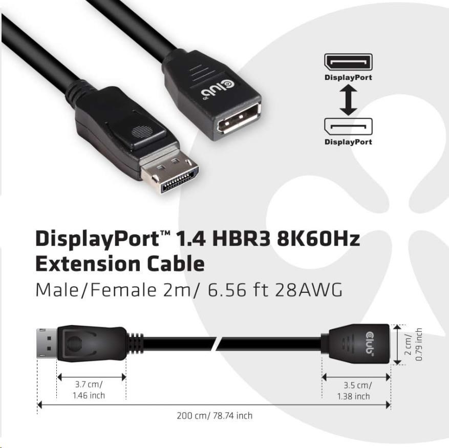 Club3D Kabel prodlužovací DisplayPort 1.4 HBR3 8K60Hz (M/ F),  2m,  28 AWG1 
