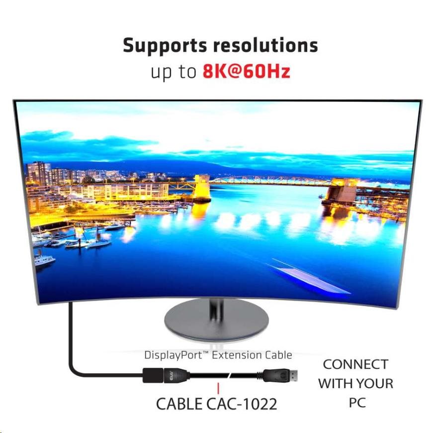 Club3D Kabel prodlužovací DisplayPort 1.4 HBR3 8K60Hz (M/ F),  2m,  28 AWG2 