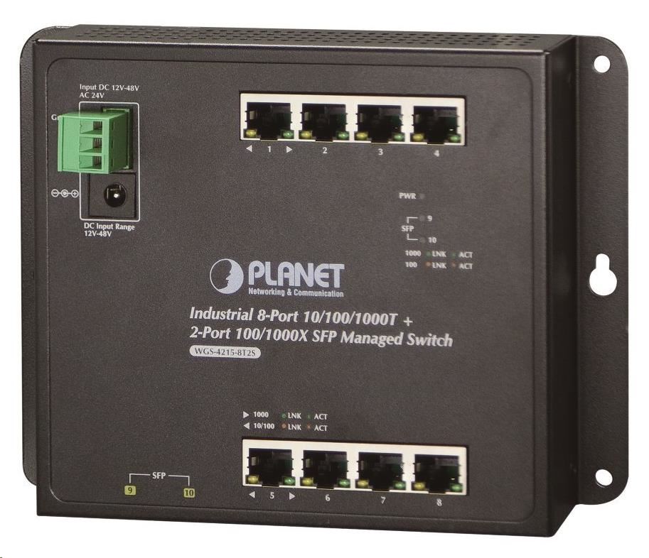 Planet WGS-4215-8T2S switch,  správa Web/ SNMP,  DIN, IP30,  -40~75°C,  dual DC,  fanless0 