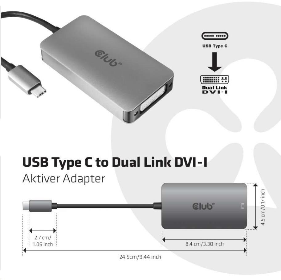 Club3D Active USB Type C to DVI-I Dual Link Adapter,  HDCP on1 