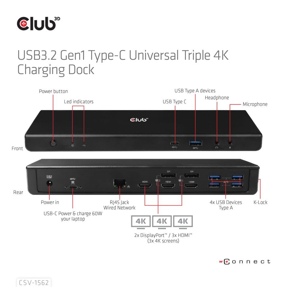 Dokovacia stanica USB Club3D 3.2 typy C (5xUSB/ USB-C/ 3xHDMI/ 2xDP/ Ethernet/ Audio) s univerzálnym trojitým napájacím adap0 