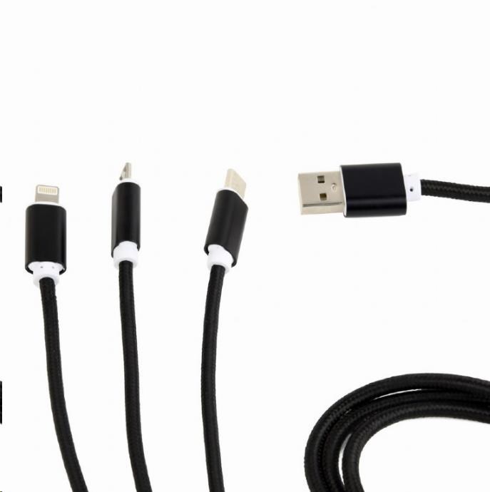 GEMBIRD kábel CABLEXPERT USB A Male/ Micro B + Type-C + Lightning,  1 m,  opletený,  čierny,  blister0 