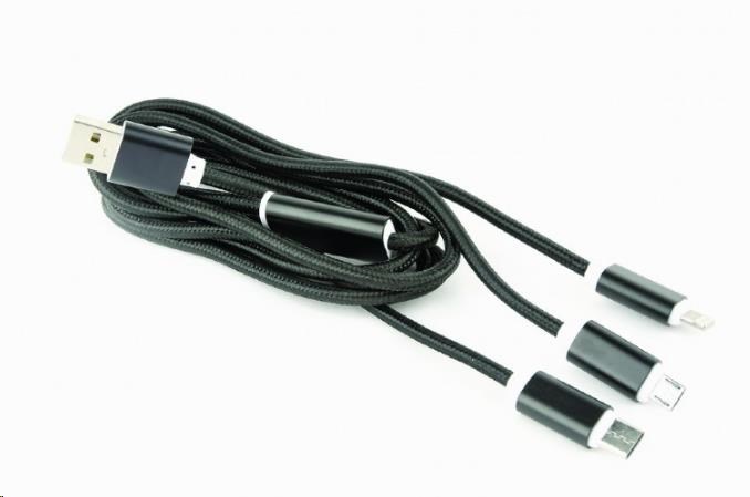 GEMBIRD kábel CABLEXPERT USB A Male/ Micro B + Type-C + Lightning,  1 m,  opletený,  čierny,  blister1 