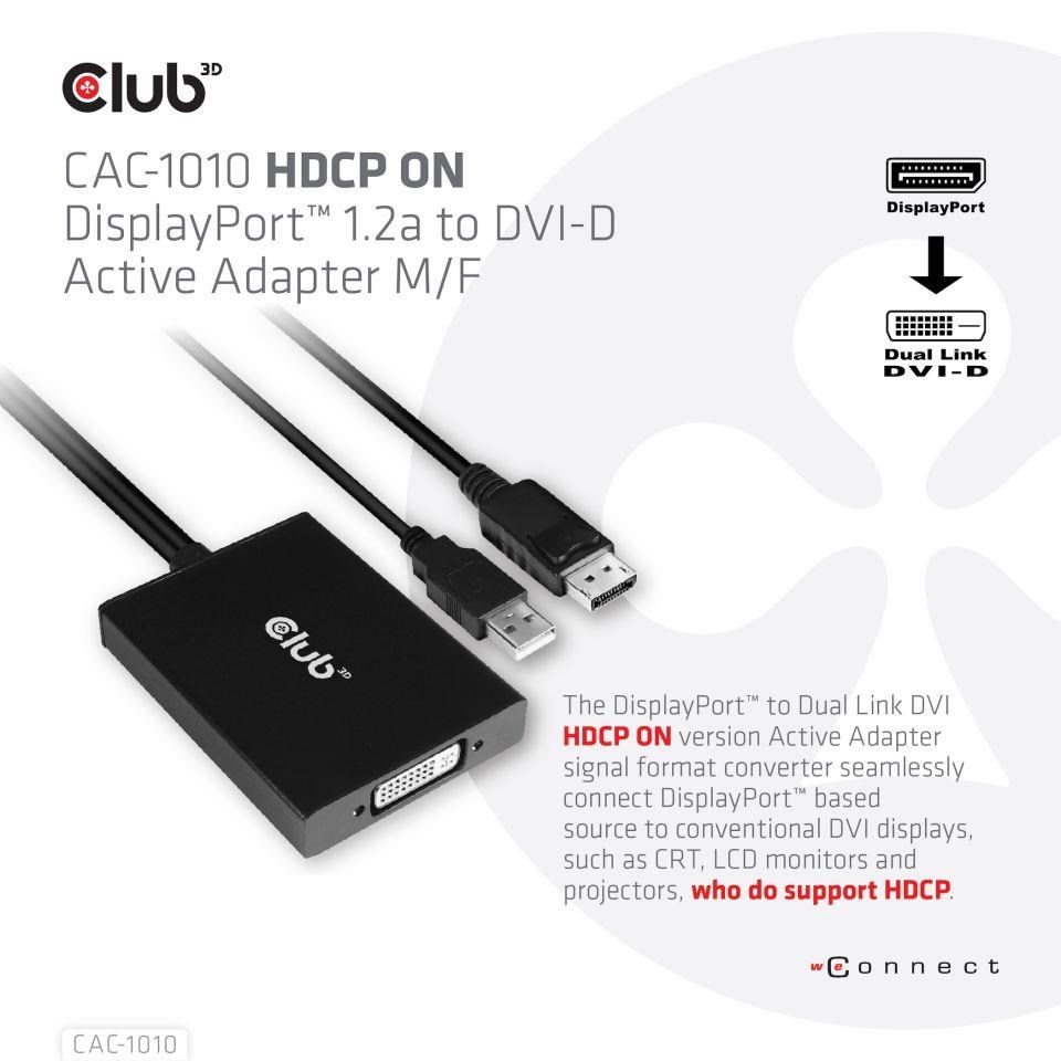 Club3D Aktívny adaptér DisplayPort na Dual Link DVI-D,  napájanie USB,  60 cm,  HDCP ON1 