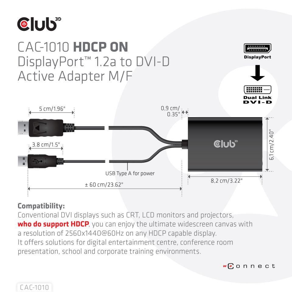 Club3D Aktívny adaptér DisplayPort na Dual Link DVI-D,  napájanie USB,  60 cm,  HDCP ON4 