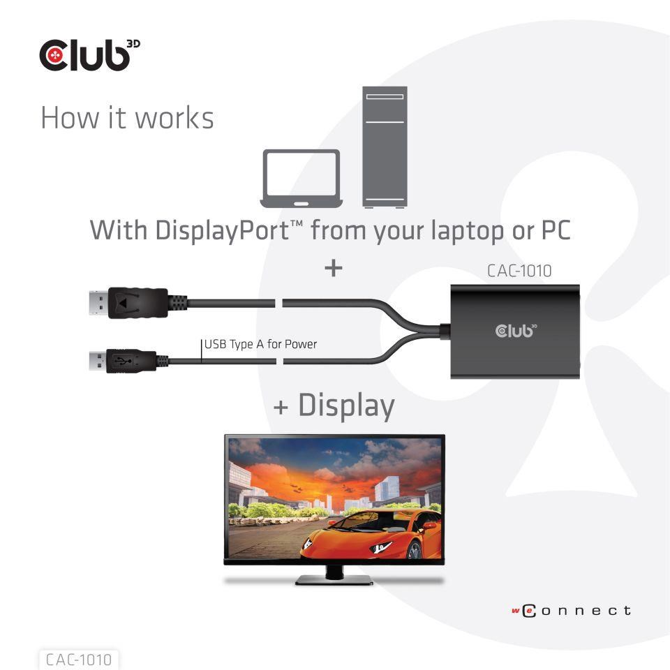 Club3D Aktívny adaptér DisplayPort na Dual Link DVI-D,  napájanie USB,  60 cm,  HDCP ON0 