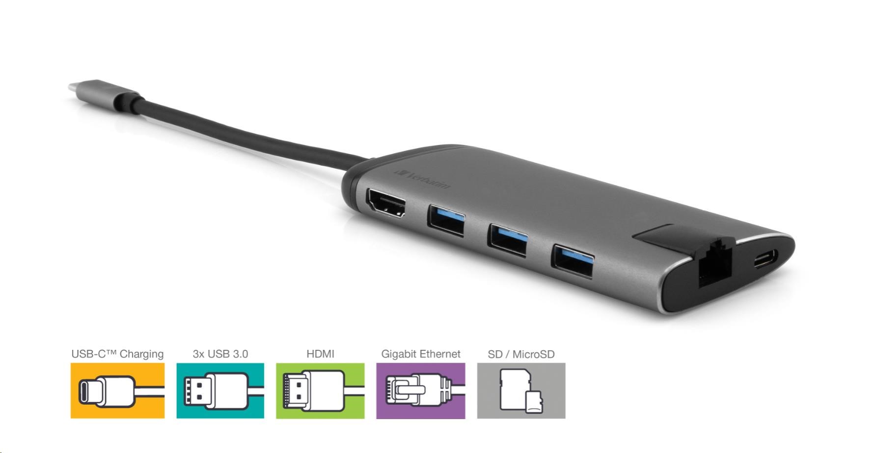 VERBATIM 49142 Multiportový HUB USB-C,  3x USB 3.0,  1x USB-C,  HDMI,  LAN,  SD,  microSD,  šedý dok7 
