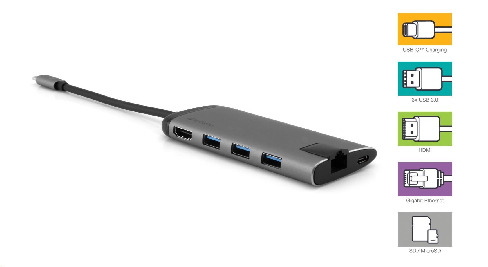VERBATIM 49142 Multiportový HUB USB-C,  3x USB 3.0,  1x USB-C,  HDMI,  LAN,  SD,  microSD,  šedý dok0 