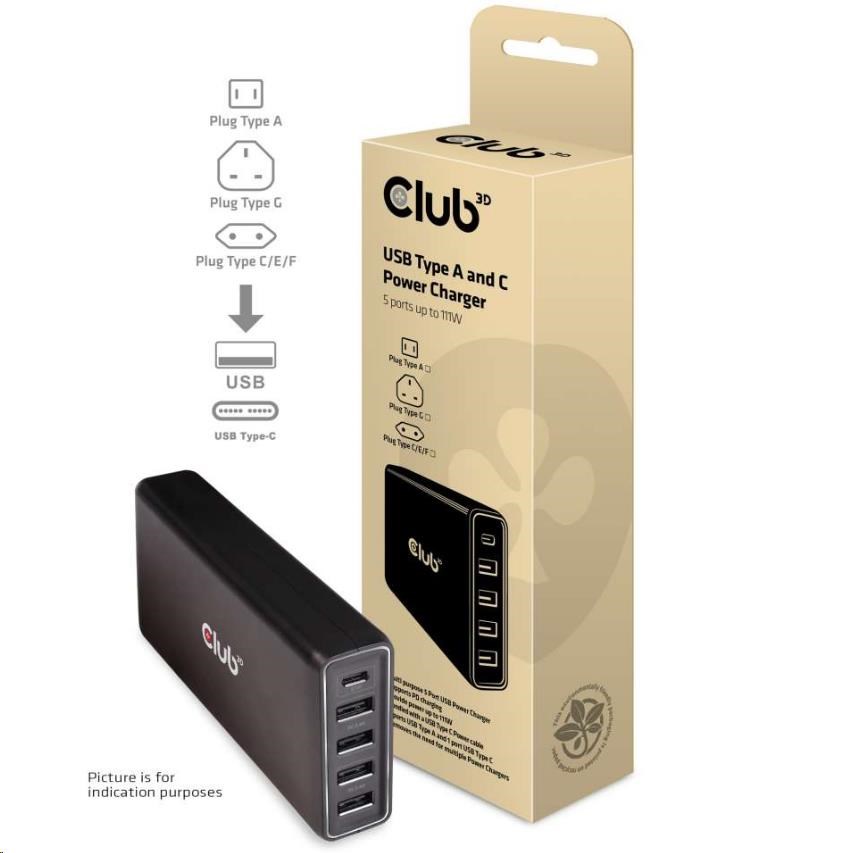 Nabíjačka Club3D USB typu A a C,  5 portov,  111 W