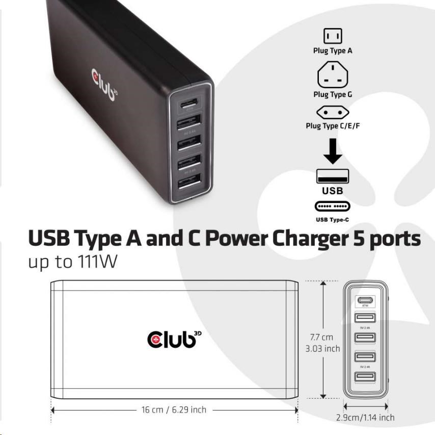 Nabíjačka Club3D USB typu A a C,  5 portov,  111 W3 