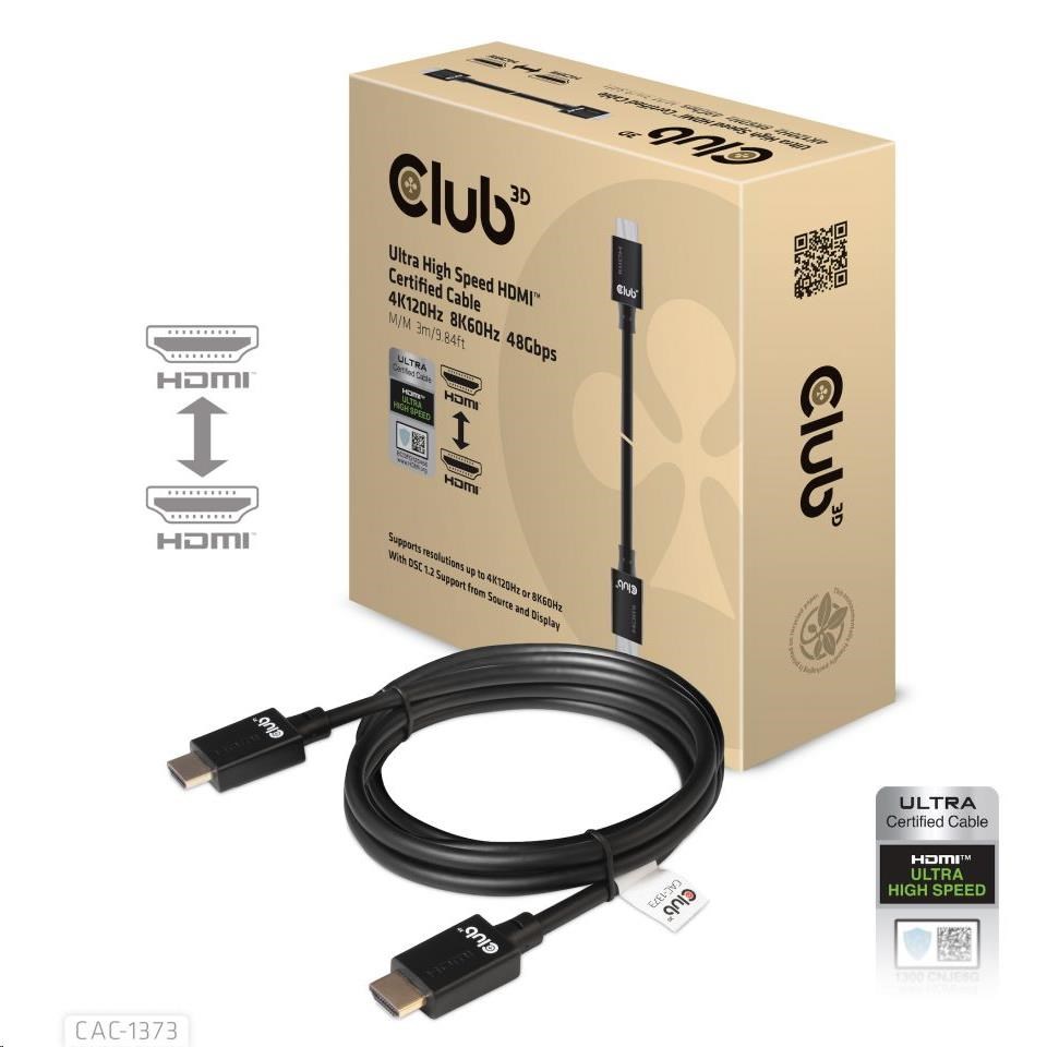 Club3D Kabel Ultra Rychlý HDMI™ Certifikovaný,  4K 120Hz,  8K60Hz,  48Gbps M/ M,  3m,  28 AWG1 