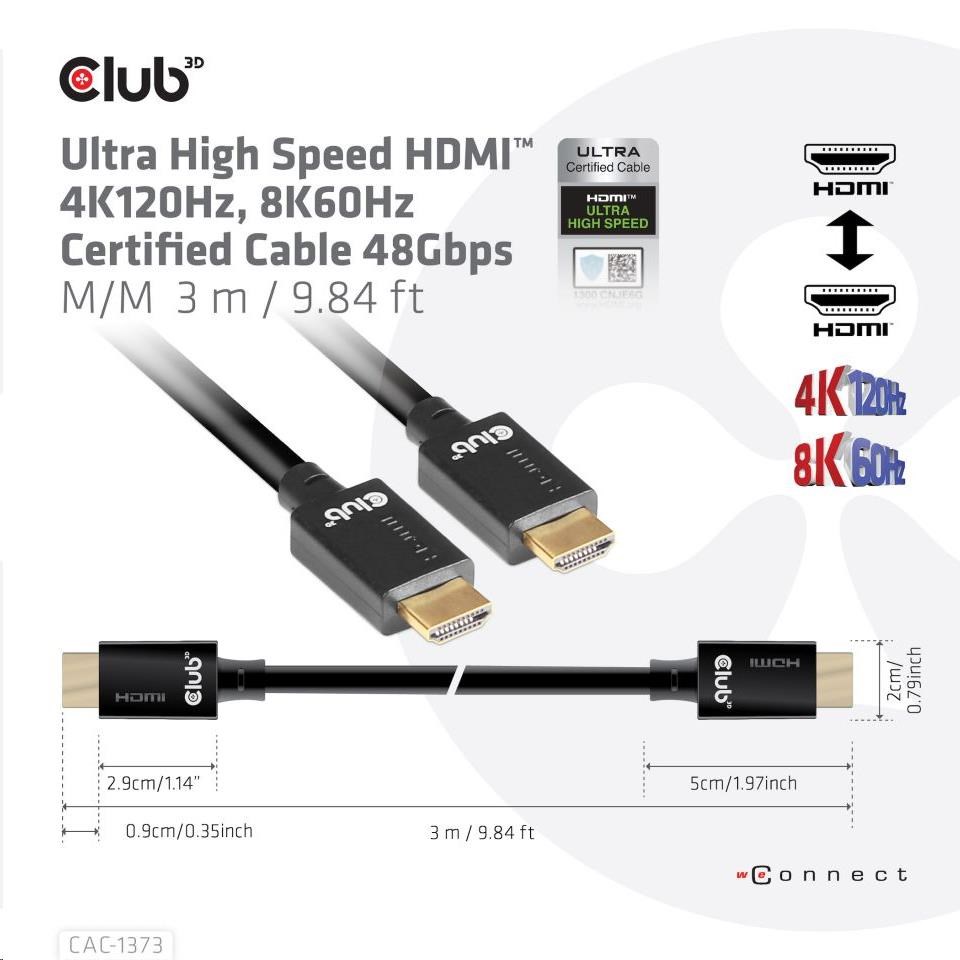 Club3D Kabel Ultra Rychlý HDMI™ Certifikovaný,  4K 120Hz,  8K60Hz,  48Gbps M/ M,  3m,  28 AWG0 